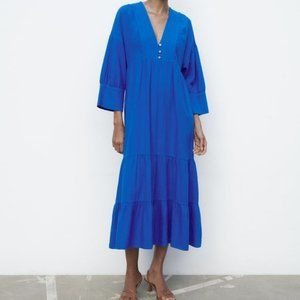 Zara LINEN BLEND TIERED DRESS COBALT Sz XL